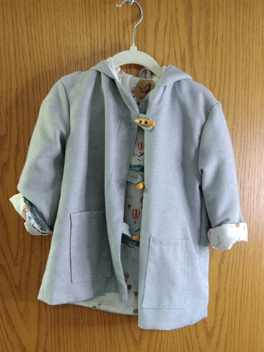 Kids Hooded Toggle Coat in Light Gray with Hot Air Balloon Lining